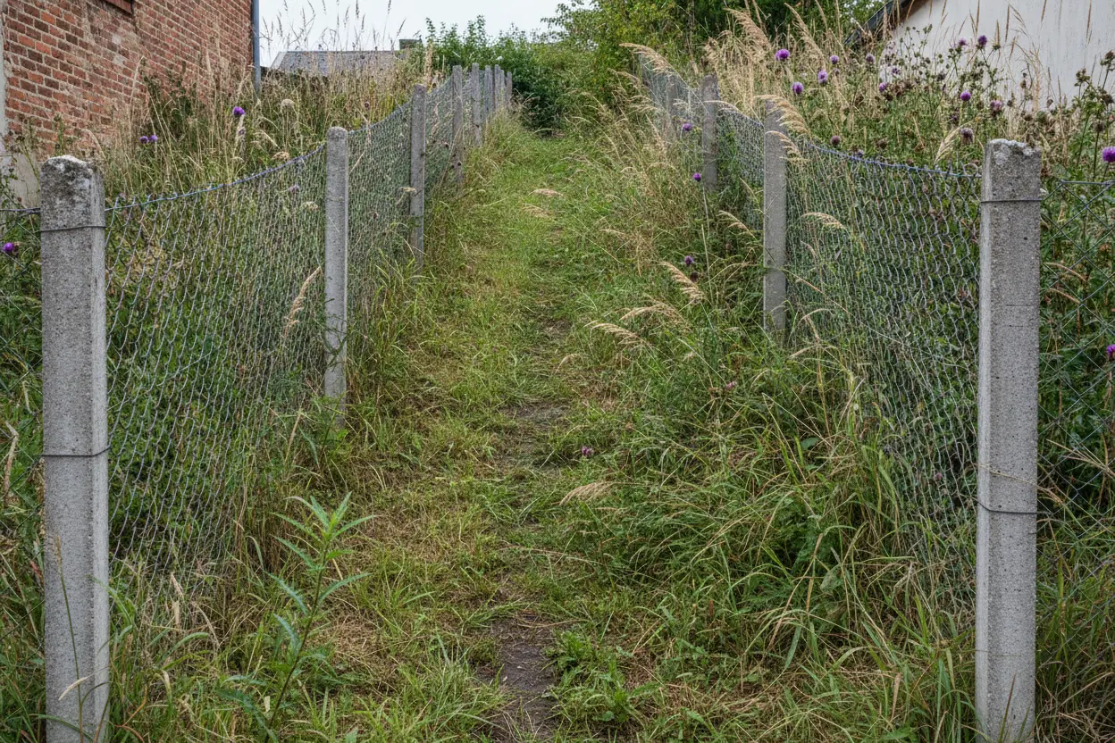 Talus envahi d'herbes hautes le long d'une clôture à Saint-Quentin avant débroussaillage